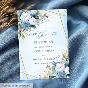 Invitación Moda Pastel Blue White Gold Floral Guardar La Fech