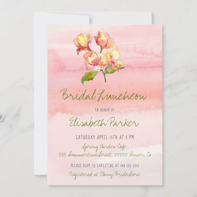 Invitación Moda pastel con flores pintada a mano  novia lunch (Anverso)