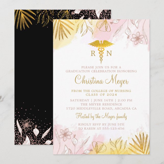 Invitación Moda Pastel Oro Rosa Floral RN Graduación de Enfer (Anverso / Reverso)