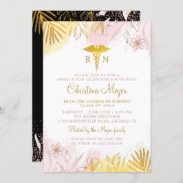 Invitación Moda Pastel Oro Rosa Floral RN Graduación de Enfer