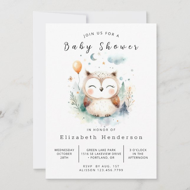 Invitación Moda Pastel Owl Baby Shower (Anverso)