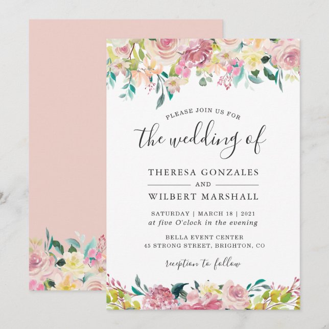 Invitación Moda Pastel Primavera Rubor Boda Floral Botánico (Anverso / Reverso)