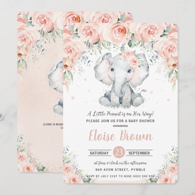 Invitación Moda Pastel Rubor Floral Elephant Baby Shower (Anverso / Reverso)