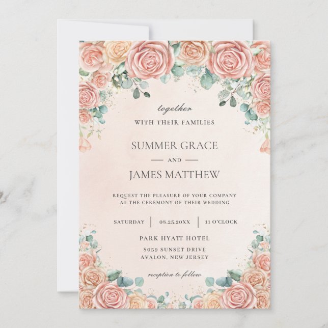 Invitación Moda Pastel Rubor Peach Floral Rosas Boda Invi (Anverso)