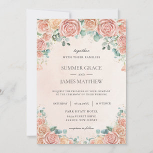 Invitación Moda Pastel Rubor Peach Floral Rosas Boda Invi