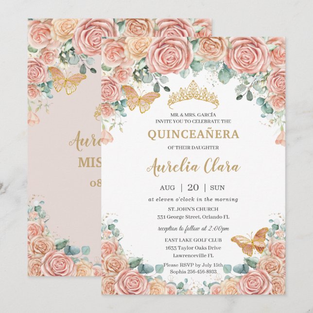 Invitación Moda Pastel Rubor Peach Floral Rosas Quinceanera (Anverso / Reverso)