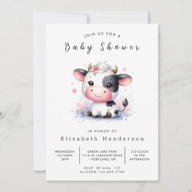 Invitación Moda Pastel Whimsical Cow Baby Shower (Anverso)