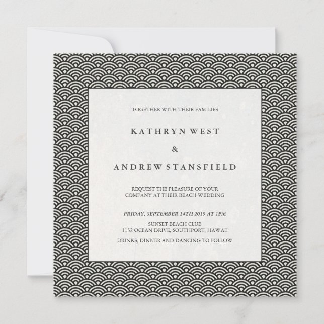 Invitación Moda Patrón de onda blanca y negra Boda formal (Anverso)