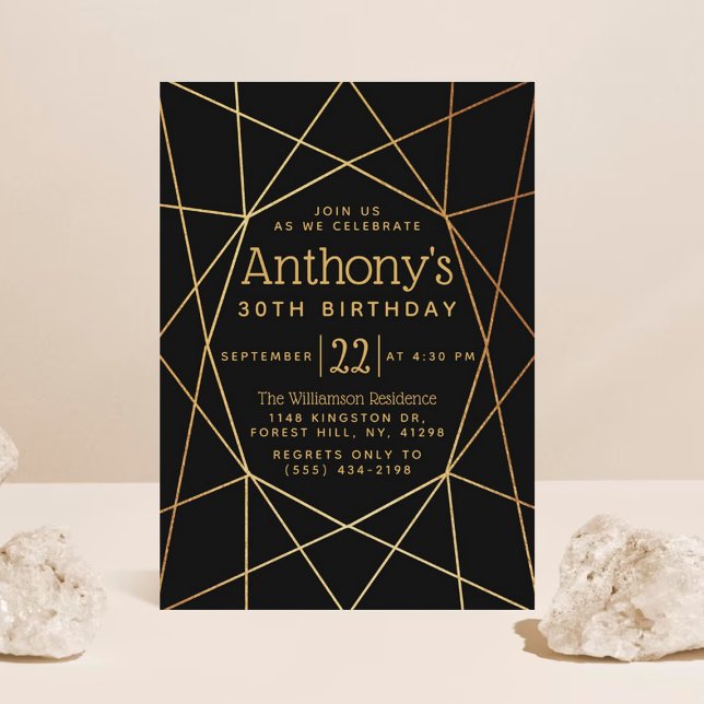 Invitación Moda Patrón geométrico negro y Relieve metalizado  (Subido por el creador)