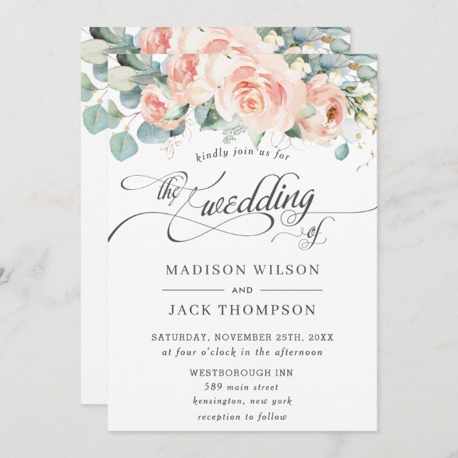 Invitación Moda Peach Floral Calligraphy Greenery Boda (Anverso / Reverso)