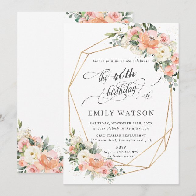 Invitación Moda Peach Ivory Pink Floral Birthday Geométrico (Anverso / Reverso)