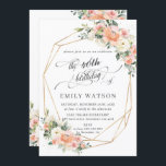 Invitación Moda Peach Ivory Pink Floral Birthday Geométrico<br><div class="desc">En esta invitación al cumpleaños de la moda, un marco geométrico de purpurina dorado adornado con hermosos melocotones de color agua, arcos rosados, flores de marfil y follaje verde, así como la partida "el cumpleaños de" en un estilo de caligrafía a mano de bonito. Personalízalo con tus detalles de forma...</div>