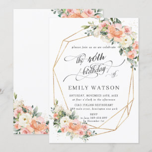 Invitación Moda Peach Ivory Pink Floral Birthday Geométrico
