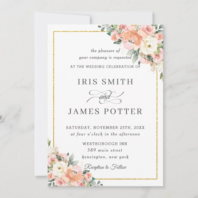 Invitación Moda Peach Ivory Rubor Floral Gold Boda (Anverso)