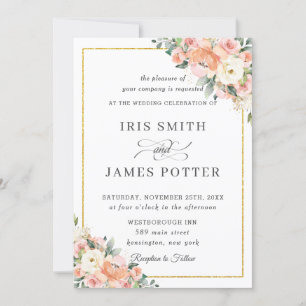 Invitación Moda Peach Ivory Rubor Floral Gold Boda