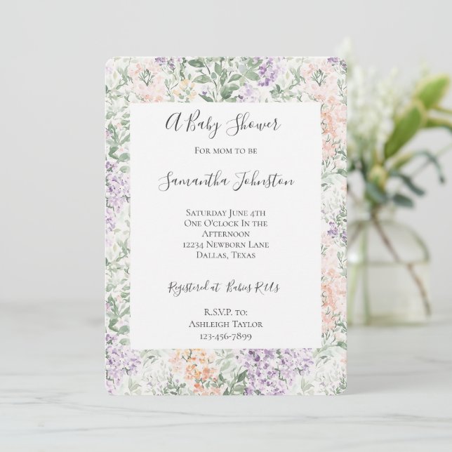 Invitación Moda Peach Lilac Lavender Floral Baby Shower (Anverso de pie)