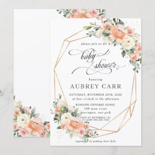 Invitación Moda Peach Marfil Pink Floral Baby Shower Geométri