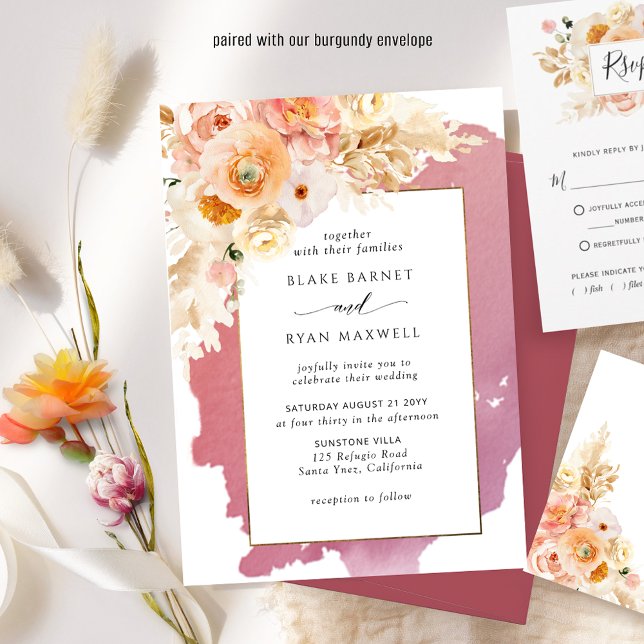 Invitación Moda Peach Rubor Boda Floral Rosa y Borgoña (Subido por el creador)