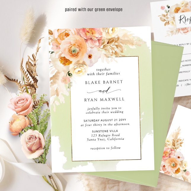 Invitación Moda Peach Rubor Champagne Green Floral Boda (Subido por el creador)