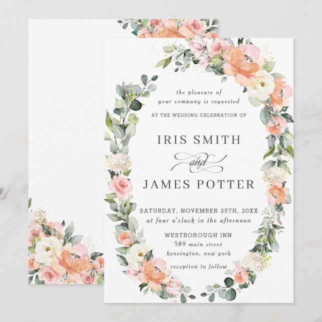 Invitación Moda Peach Rubor Ivory Floral Leafy Boda (Anverso / Reverso)
