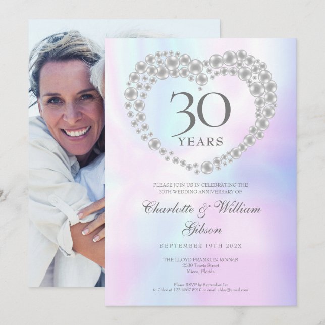Invitación Moda Pearl Heart Photo 30th Aniversario (Anverso / Reverso)