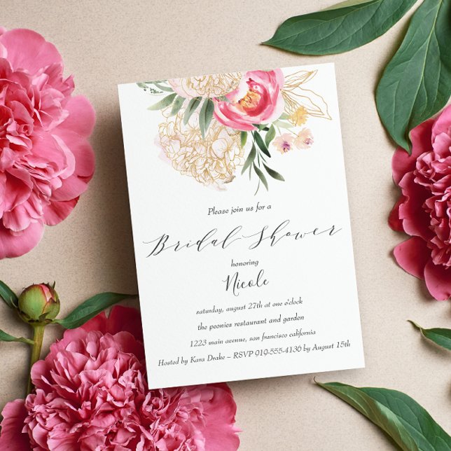 Invitación Moda Peonies oro Flores Boda Bridal Shower (Calligraphy "Bridal Shower" with PInk peones and green leaves and gold accents. Elegant Inviation )