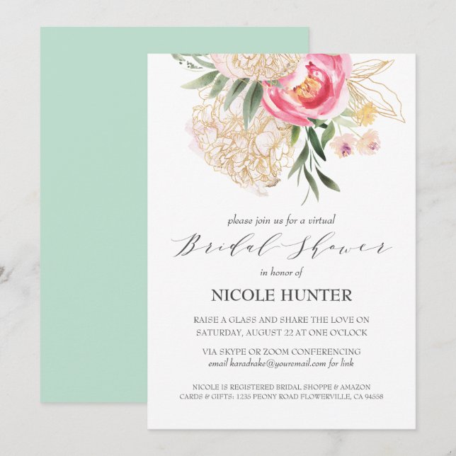 Invitación Moda Peonies oro Flores VIRTUAL Bridal Shower (Anverso / Reverso)