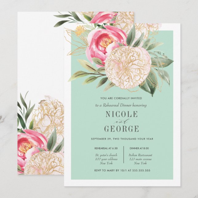Invitación Moda Peony Boda de flores de oro ensayo Cena (Anverso / Reverso)