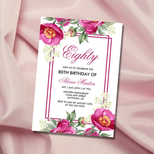 Invitación Moda Peony Pink Floral Greenery 80th Birthday (Subido por el creador)