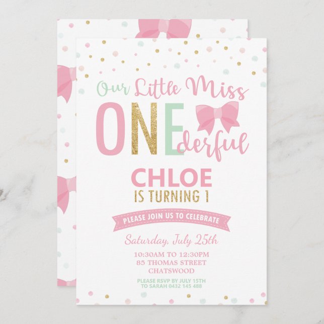Invitación Moda Pequeña Miss OneMaravilloso primer cumpleaños (Anverso / Reverso)