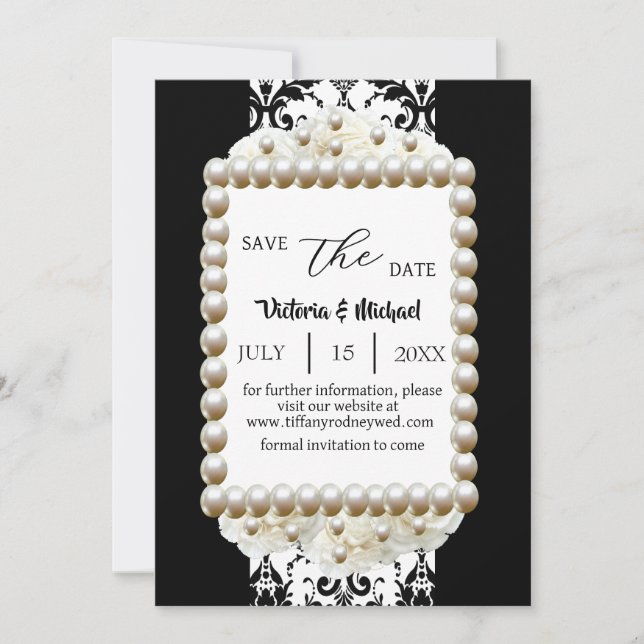 Invitación Moda Perla de Damask en blanco y negro (Anverso)