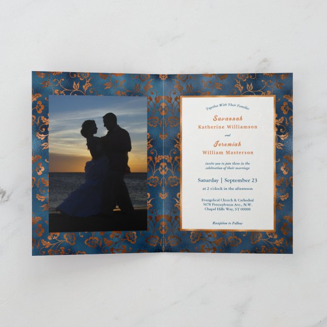 Invitación Moda Personalizar Floral Azul de Cobre Boda biplid (Interior)