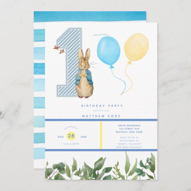 Invitación Moda Peter Rabbit Boy, primer Fiesta de cumpleaños (Anverso / Reverso)