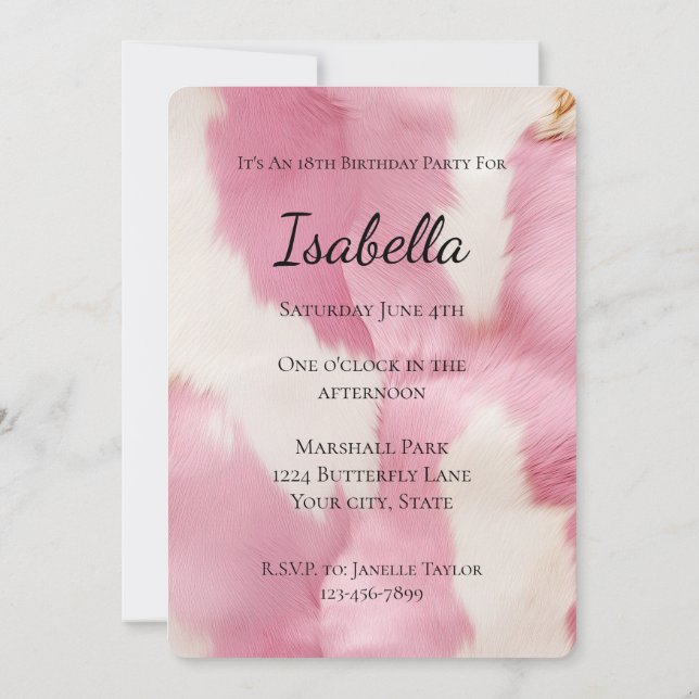 Invitación Moda Piel de vaca lechera blanca rosa Cumpleaños (Reverso)