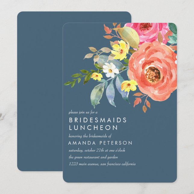 Invitación Moda Pink Peony Bridesmaids Boda Azul Luncheon (Anverso / Reverso)
