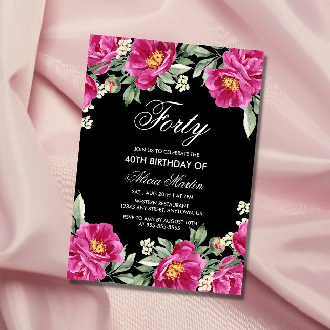 Invitación Moda Pink Peony Floral Black 40 cumpleaños (Subido por el creador)