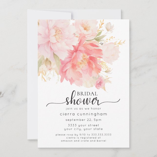 Invitación Moda Pink Peony Floral Bridal Shower (Anverso)