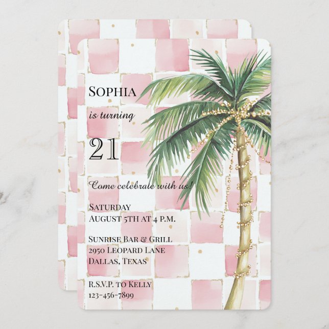 Invitación Moda Pink Squares Gold Palm Tree cumpleaños (Anverso / Reverso)