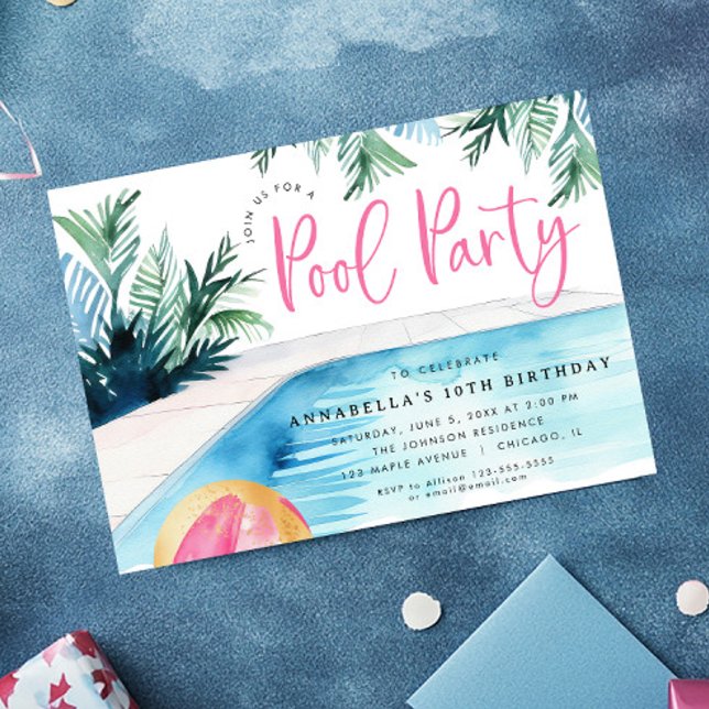 Invitación Moda piscina fiesta de cumpleaños acuarela moderna (Subido por el creador)