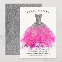 Invitación Moda Plata Esparkle Rosa Dulce Dulce 16º cumpleaño