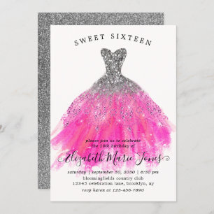 Invitación Moda Plata Esparkle Rosa Dulce Dulce 16º Cumpleaño