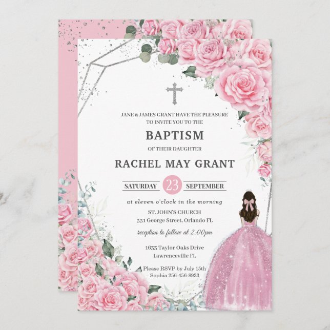 Invitación Moda Plata Floral Rosa Chica Bautismo Christening (Anverso / Reverso)