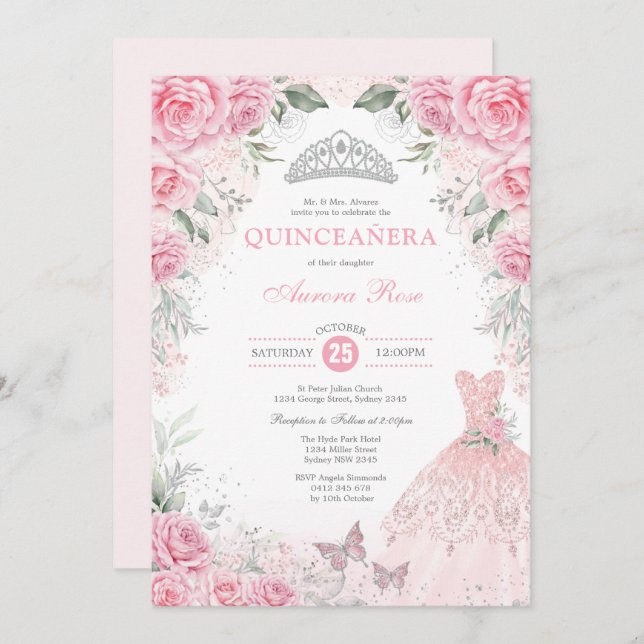 Invitación Moda Plata Floral Rosa Quinceañera Princesa Vestid (Anverso / Reverso)
