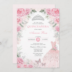 Invitación Moda Plata Floral Rosa Quinceañera Princesa Vestid