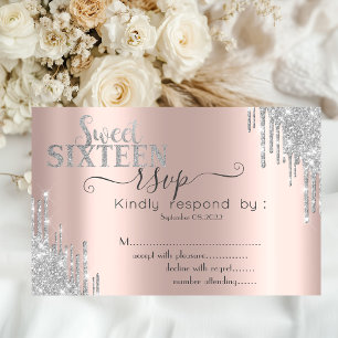 Invitación Moda Plata Purpurina Drip Rosa Gold Sweet 16 RSVP
