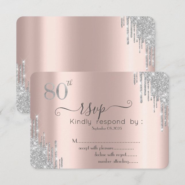 Invitación Moda Plata Purpurina Drip Rosa Oro 80º RSVP (Anverso / Reverso)