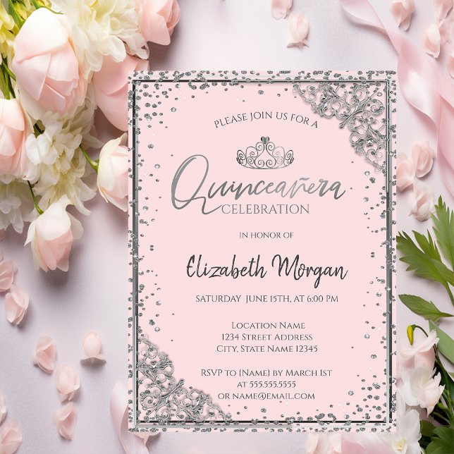 Invitación Moda Plata Tiara, Diamantes Rubor Rosa Quinceañera (Subido por el creador)