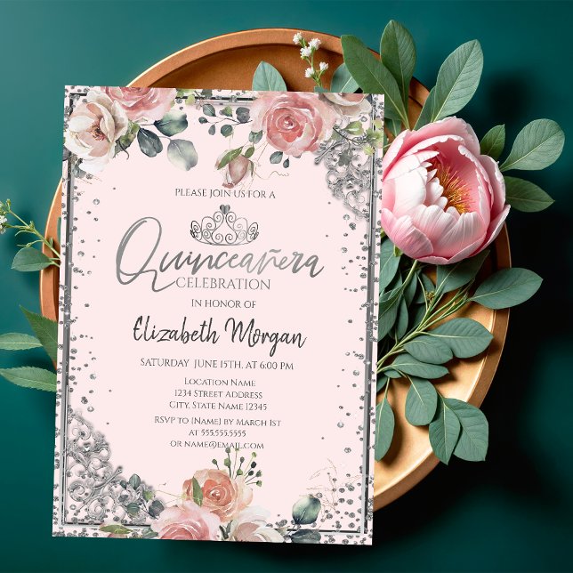 Invitación Moda Plata Tiara, Roses Rosa Diamante Quinceañera (Subido por el creador)