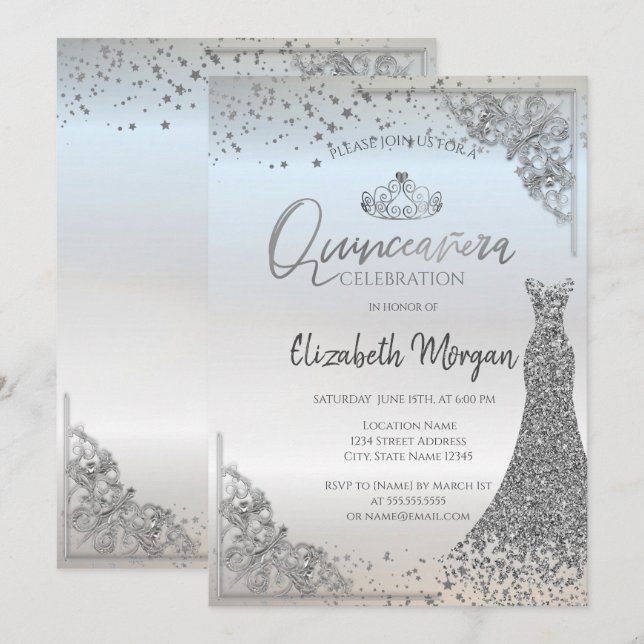 Invitación Moda Plata Tiara Vestidos Estrellas Quinceañera (Anverso / Reverso)