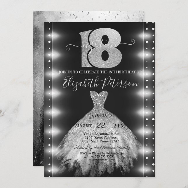 Invitación Moda Plata Vestido Confetti Luces 18 cumpleaños (Anverso / Reverso)